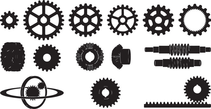Set of various mechanical gears, cogs, and industrial machine parts, black silhouettes