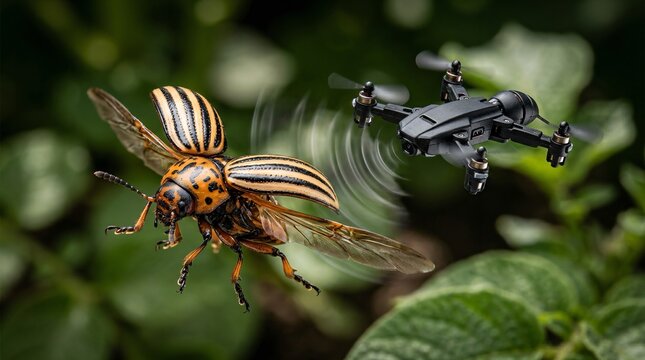 Micro drone tracking flying Colorado potato beetle with ultrasonic waves, smart pest control concept⁠