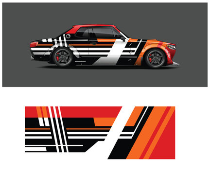 Car with racing stripe decal design and matching pattern