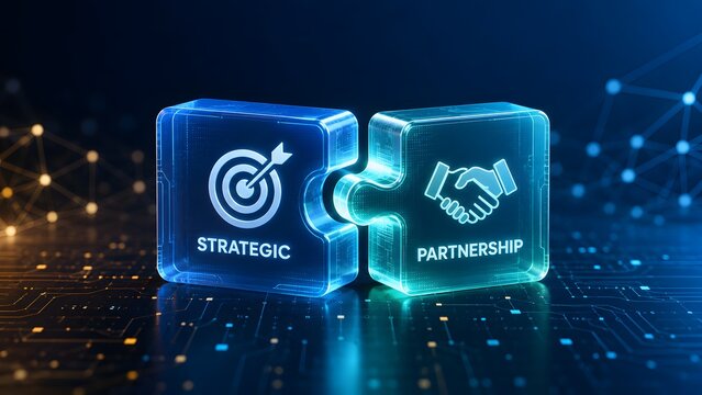 Strategic partnership and business integration concept showing two glowing puzzle pieces with target and handshake icons