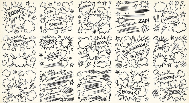 Hand Drawn Comic Doodle Sound Effects Collection with Boom Pow Kaboom Smoke Clouds Speed Lines and Cartoon Action Elements