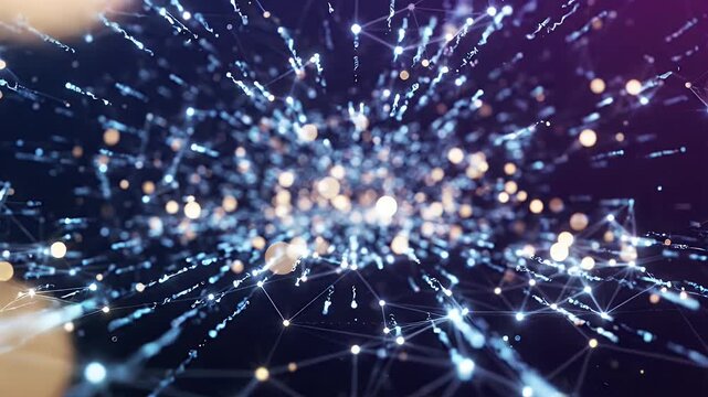 Abstract Digital Network with Floating Bokeh Background - This abstract digital background features a glowing network of interconnected nodes and lines, with soft, floating bokeh circles creating a