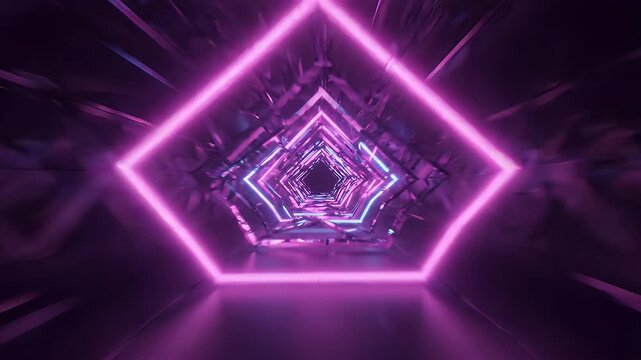 Neon Geometric Tunnel Abstract Background - An abstract, futuristic tunnel with repeating geometric shapes outlined in neon pink and blue light.