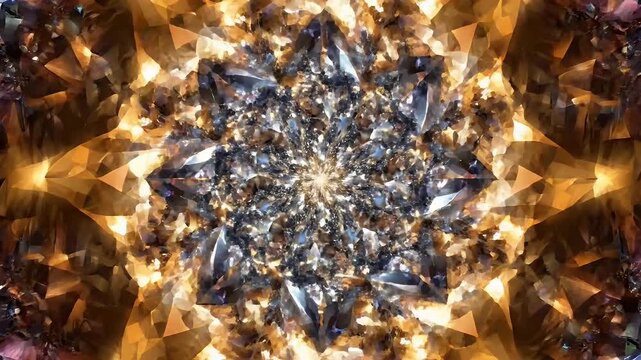Golden Geometric Kaleidoscope Mandala - A mesmerizing abstract pattern with a central glowing starburst effect, radiating outward into intricate geometric shapes and warm golden hues.
