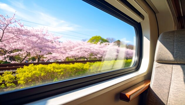 鉄道で行くお花見旅：車窓いっぱいに広がる鮮やかなピンクの桜と開放的な車内