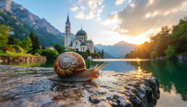 Snail crawling rock water landscape