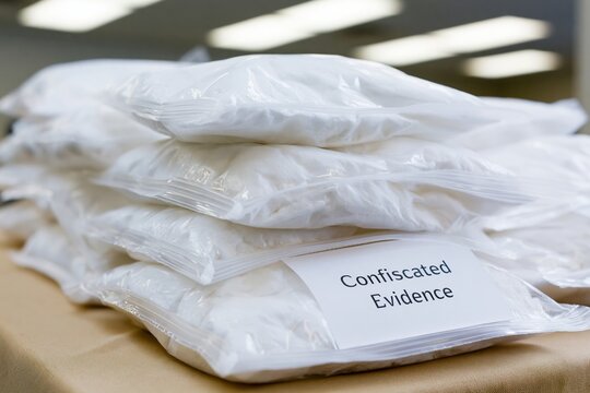The Confiscated Evidence Bags Piled High on a Table in a Police Forensic Lab