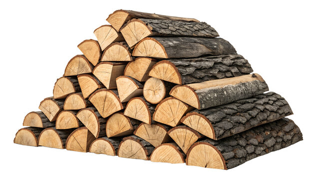 Stack of Natural Rough Wooden Firewood Logs Isolated on White Background
