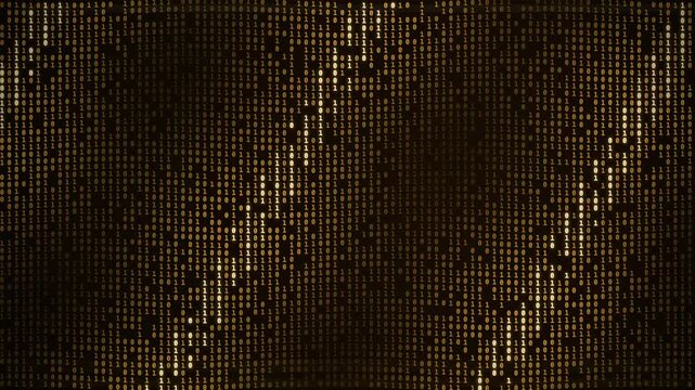 Binary code falling on abstract digital background with vertical motion streaks, vertical columns, glowing, gold