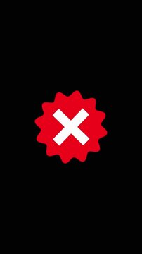 Red X mark icon on starburst Red X mark icon glows This red X mark icon on starburst against black background represents professional failure or error for digital interfaces