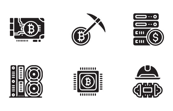 Bitcoin mining hardware icons including gpu video card server farm processor and industrial helmet.