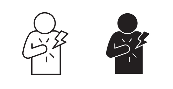 heart attack icon features an anatomical or stylized red heart graphic overlaid with a jagged lightning bolt, a pulsing flatline ECG wave, or a hand clutching the chest area.