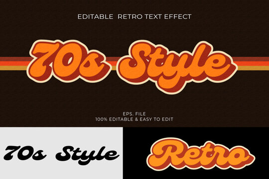 Groovy 70s style retro vintage cursive 3D editable text effect vector illustration