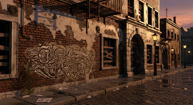 Abstract zebra pattern mural on brick building at night