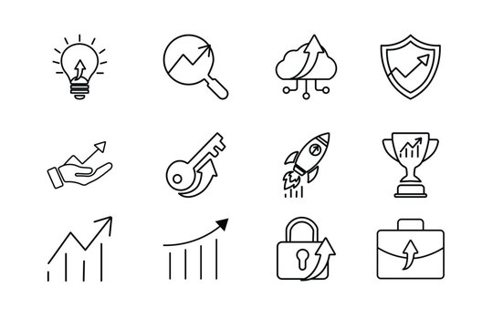 Clean vector set of linear business growth, financial success, cloud data, rocket launch, and strategy icons for modern web or app ui design.