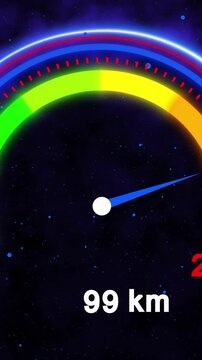 Speedometer dial with blue neon glow stays Speedometer dial shows speed This speedometer dial with blue neon glow against cosmic background offers fast automotive tech visuals