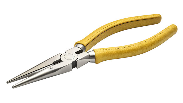Long Nose Pliers Hand Tool with Yellow Textured Rubber Grip Handles Isolated on White Background
