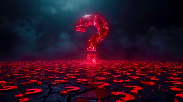 Glowing question mark rises from cracked red earth