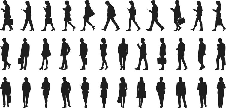 Business silhouettes walking, phone gestures, posture grid, urban movement, character design reference, black figure collection, standing poses, visual study
