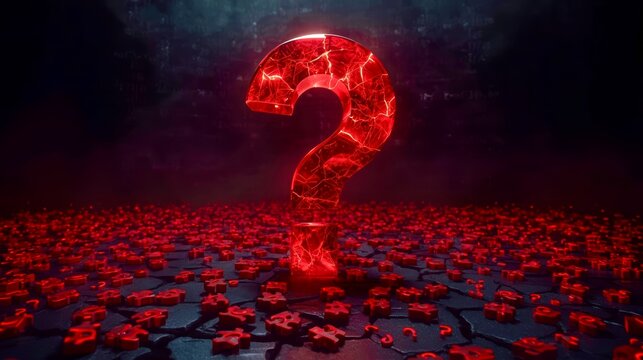 Glowing question mark rises from cracked red earth