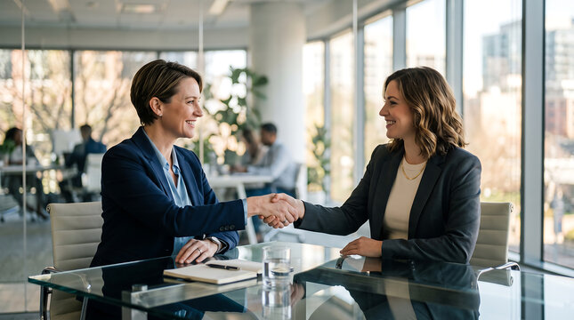 Businesswomen Shaking Hands in Modern Office After Successful Business Meeting