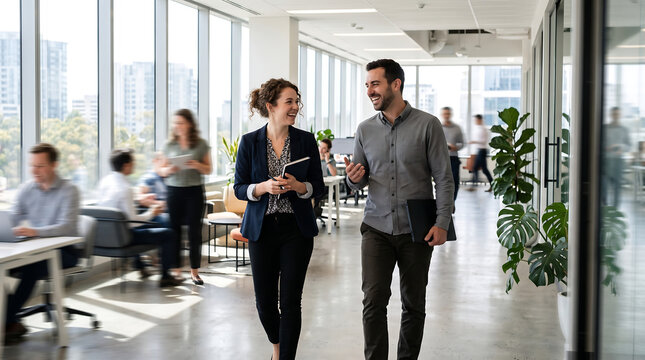 Coworkers Walking and Talking in Modern Open Office Workplace