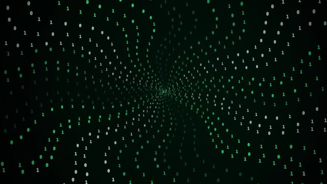 Binary code streaming into digital tunnel in centered perspective motion, inward motion, green, no people