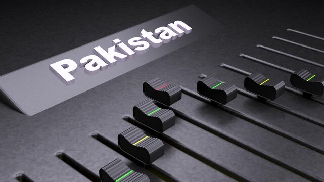 Pakistan text on audio mixer console, professional sound board sliders moving for Pakistan media production, broadcast control panel concept