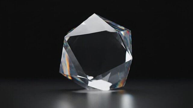 Abstract geometric crystal glass polyhedron with prism light reflection on dark background 3d render