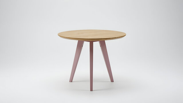 Round Oak Wood Table with Pink Legs Against Studio Lighting for Interior Design Mockups