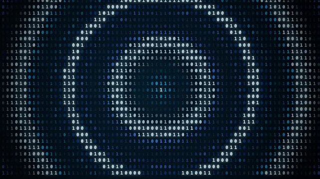 Binary code rotating concentric rings on digital grid with motion blur, front view, blue, glowing