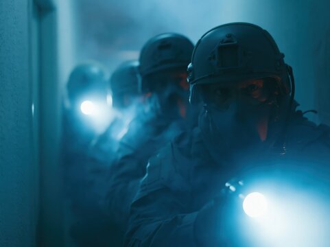 Special forces team advances through dark hallway with flashlights