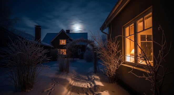 Snow covered houses illuminated at night
