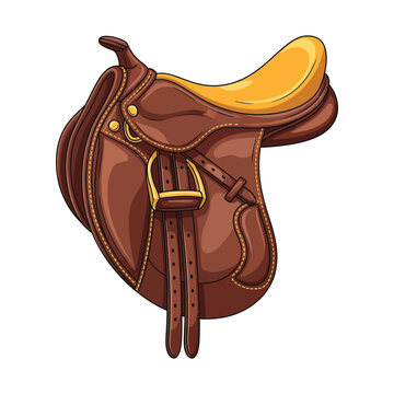 A detailed illustration of a classic brown leather horse saddle with a yellow seat and gold buckles, designed for equestrian riding.