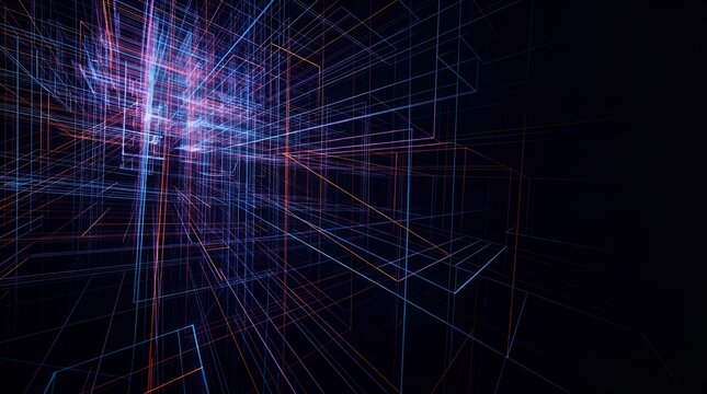 Abstract digital grid of glowing blue and red lines forming a3d geometric structure in a dark virtual reality space for technology