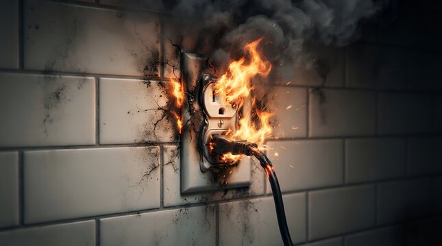 An electrical outlet on a white tiled wall catching fire with bright orange flames and thick black smoke rising from the burning power cord