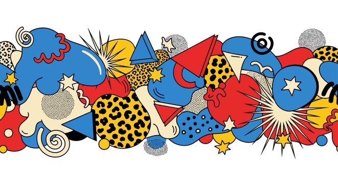 memphis style abstract border vector illustration with dynamic shapes and bold colors perfect for retro 80s 90s graphic design and creative projects.