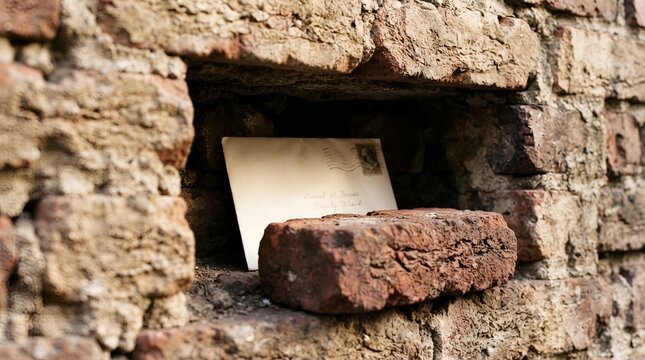 An old white envelope tucked inside a small rectangular hole in a weathered rustic brick wall with a loose brick resting on the ledge