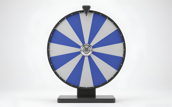 Spinning roulette wheel with blue and gray segments for chance and luck in a studio setting