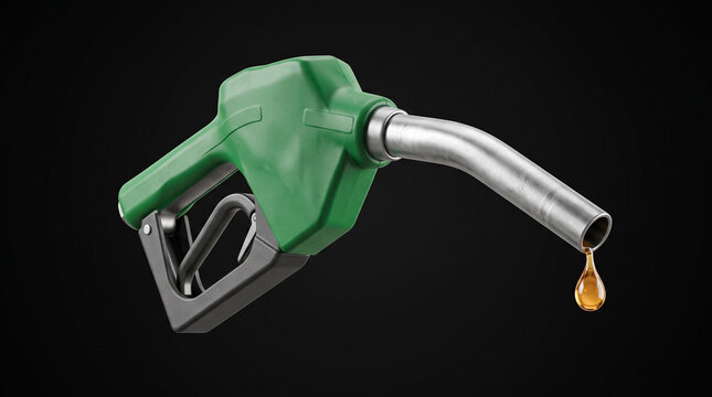 Green fuel nozzle with gasoline drop on black background.