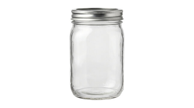 Empty glass canning jar with metal lid isolated on transparent background for food storage.