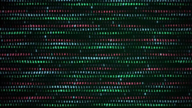 Binary code scrolling on dark digital background with horizontal motion blur, horizontal movement, frontal view, colored digits