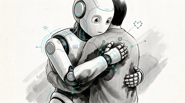 Futuristic AI robot hugging a human concept illustration of empathy compassion and relationship between machine and man