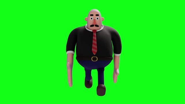 A 3D cartoon-style render showing the front view of a bald, overweight businessman, wearing a black suit, red striped tie, and blue pants while walking.