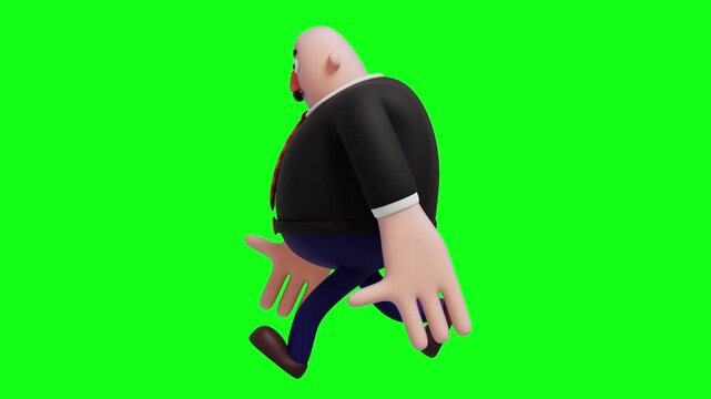 A 3D cartoon-style render of a bald, overweight businessman in a black suit, red tie, and blue pants walking.