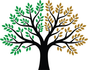 Fototapeta premium Stylized black silhouette tree vector illustrating the seasonal transition from green spring to golden autumn