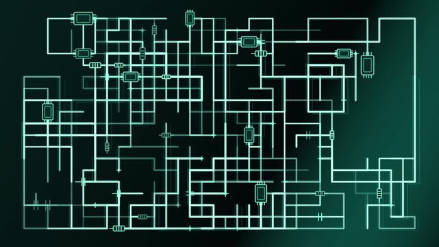 Electronic circuit diagram with moving lines on dark grid motion graphics, animated pattern, flat view, glowing teal