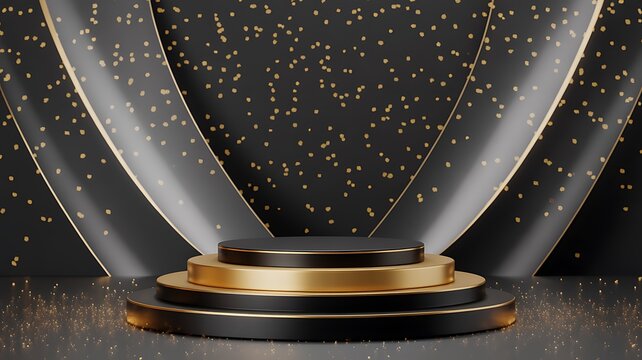 Empty golden pedestal for product display with a dark abstract background and soft cinematic lighting