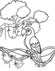 Bird perched on a large tree branch coloring book page for kids 