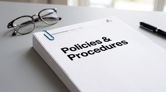 Policies and Procedures manual on office desk, corporate compliance documentation with glasses and pen, professional business guidelines handbook